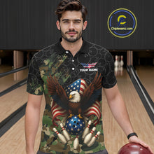 Load image into Gallery viewer, Black and Green Camo American Flag Eagle Bowling Shirts For Men Custom Patriotic Team Bowling Jersey NQS10573