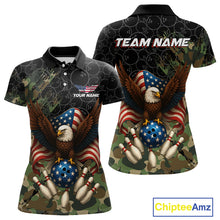 Load image into Gallery viewer, Black and Green Camo American Flag Eagle Bowling Shirt For Women Custom Patriotic Team Bowling Jersey NQS10573