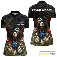 Load image into Gallery viewer, Black and Green Camo American Flag Eagle Bowling Shirt For Women Custom Patriotic Team Bowling Jersey NQS10573