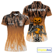 Load image into Gallery viewer, Funny Disc golf pumpkin skull orange camo Women disc golf polo shirt custom Halloween disc golf shirt NQS10790