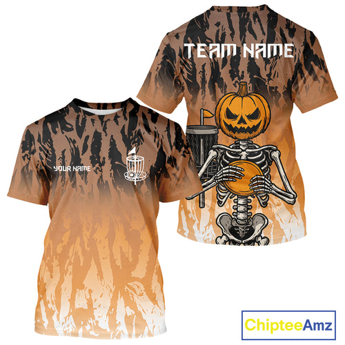 Funny Disc golf pumpkin skull orange camo disc golf T-Shirts custom Halloween disc golf shirt NQS10790