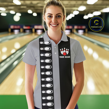 Black and Gray Retro Bowling Polo, Quarter Zip Shirts For Women Custom Vintage Bowling Team Jerseys NQS11156