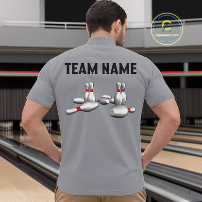 Black and Gray Retro Bowling Polo, Quarter Zip Shirts For Men Custom Vintage Bowling Team Jerseys NQS11156