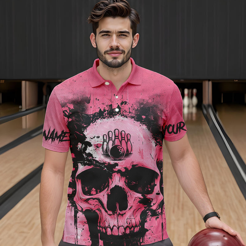 Pink Skull Bowling Polo, Quarter Zip Shirts for Men Custom Skull Bowling Team Shirts Uniform NQS9623