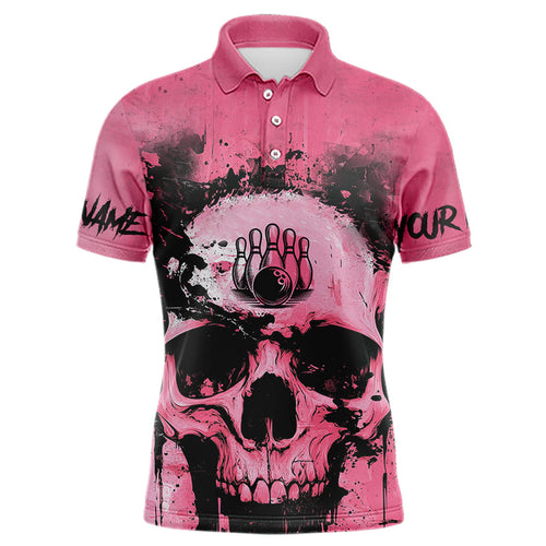 Pink Skull Bowling Polo, Quarter Zip Shirts for Men Custom Skull Bowling Team Shirts Uniform NQS9623
