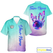 Load image into Gallery viewer, Custom Cyan Blue And Purple Glitter Butterfly Bowling Button-up Team Shirts, Bowling League Shirt NQS11704