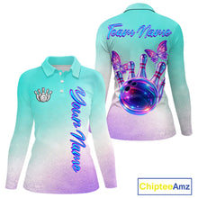 Load image into Gallery viewer, Custom Cyan Blue And Purple Glitter Butterfly Women Bowling Team Shirts, Ladies Bowling League Shirt NQS11704