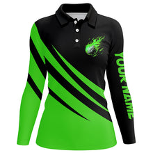 Load image into Gallery viewer, Black and green Women golf polo shirt custom flame golf ball fire ladies golf tops, golfing gifts NQS7399