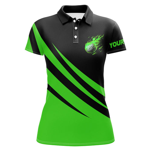 Black and green Women golf polo shirt custom flame golf ball fire ladies golf tops, golfing gifts NQS7399