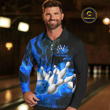 Load image into Gallery viewer, Black And Blue Flame Custom Bowling Shirts For Men, Flame Bowling League Shirts Outfits NQS9808