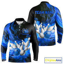 Load image into Gallery viewer, Black And Blue Flame Custom Bowling Shirts For Men, Flame Bowling League Shirts Outfits NQS9808