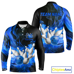 Black And Blue Flame Custom Bowling Shirts For Men, Flame Bowling League Shirts Outfits NQS9808