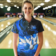 Load image into Gallery viewer, Black And Blue Flame Custom Bowling Shirts For Women, Flame Bowling League Shirts Outfits NQS9808