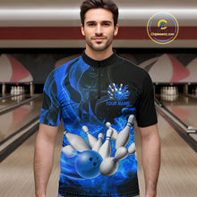 Load image into Gallery viewer, Black And Blue Flame Custom Bowling Shirts For Men, Flame Bowling League Shirts Outfits NQS9808