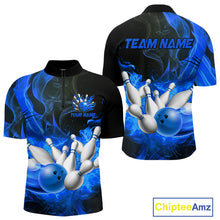 Load image into Gallery viewer, Black And Blue Flame Custom Bowling Shirts For Men, Flame Bowling League Shirts Outfits NQS9808