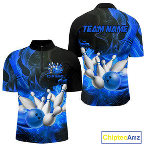 Black And Blue Flame Custom Bowling Shirts For Men, Flame Bowling League Shirts Outfits NQS9808
