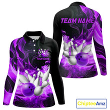 Load image into Gallery viewer, Black And Purple Flame Custom Bowling Shirts For Women, Flame Bowling League Shirts Outfits NQS9809