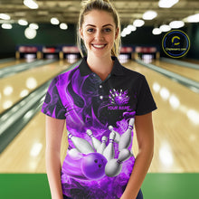 Load image into Gallery viewer, Black And Purple Flame Custom Bowling Shirts For Women, Flame Bowling League Shirts Outfits NQS9809