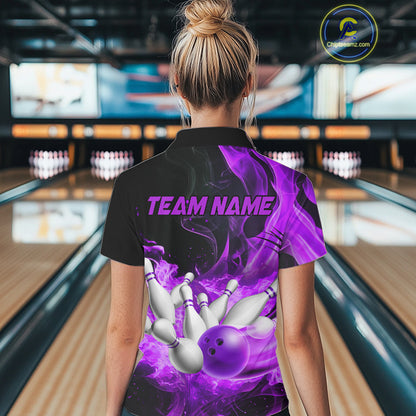 Black And Purple Flame Custom Bowling Shirts For Women, Flame Bowling League Shirts Outfits NQS9809