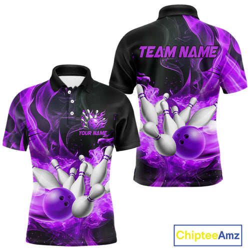Black And Purple Flame Custom Bowling Shirts For Men, Flame Bowling League Shirts Outfits NQS9809