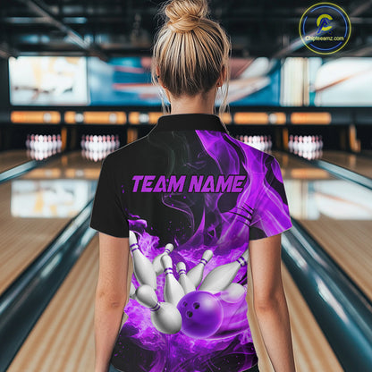 Black And Purple Flame Custom Bowling Shirts For Women, Flame Bowling League Shirts Outfits NQS9809