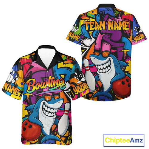 Funny Shark Hawaiian bowling shirt Custom Colorful Shark Bowling outfit, Team Bowling Button Up Shirt NQS9815