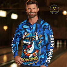 Load image into Gallery viewer, Funny Blue Camo Shark Men Bowling Polo, Quarter Zip Shirts Custom Team Shark Bowling Outfit Jersey NQS9816