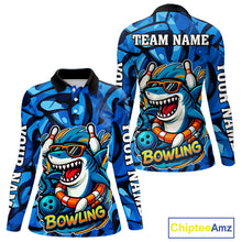 Load image into Gallery viewer, Funny Blue Camo Shark Women Bowling Polo, Quarter Zip Shirts Custom Team Shark Bowling Outfit Jersey NQS9816