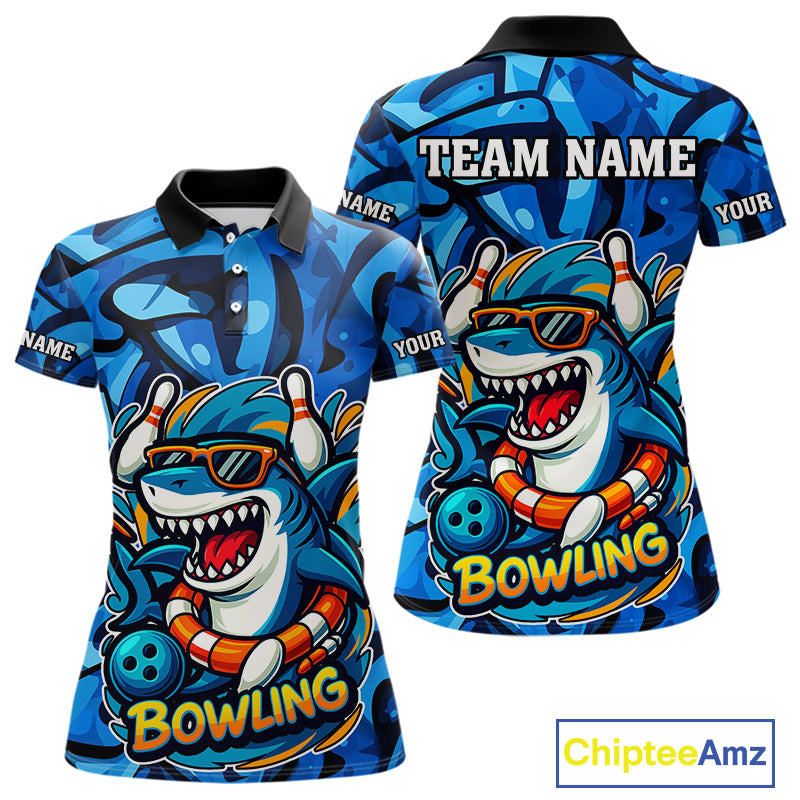 Funny Blue Camo Shark Women Bowling Polo, Quarter Zip Shirts Custom Team Shark Bowling Outfit Jersey NQS9816