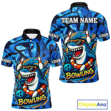 Load image into Gallery viewer, Funny Blue Camo Shark Men Bowling Polo, Quarter Zip Shirts Custom Team Shark Bowling Outfit Jersey NQS9816