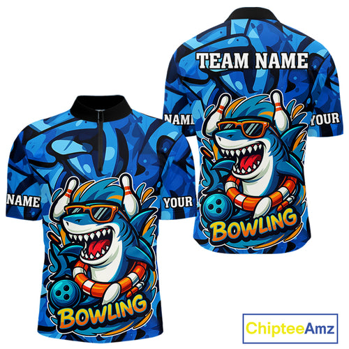 Funny Blue Camo Shark Men Bowling Polo, Quarter Zip Shirts Custom Team Shark Bowling Outfit Jersey NQS9816