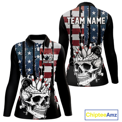 Vintage American Flag retro skull bowling shirts for Women Custom patriotic Bowling Team Outfit NQS10048