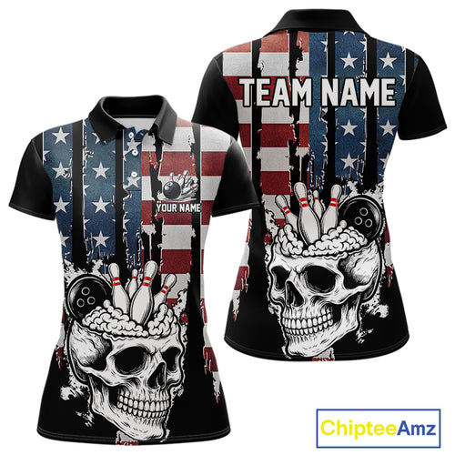 Vintage American Flag retro skull bowling shirts for Women Custom patriotic Bowling Team Outfit NQS10048