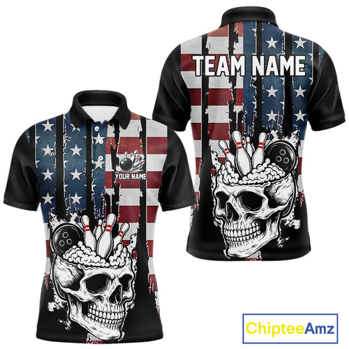 Vintage American Flag retro skull bowling shirts for Men Custom patriotic Bowling Team Outfit NQS10048