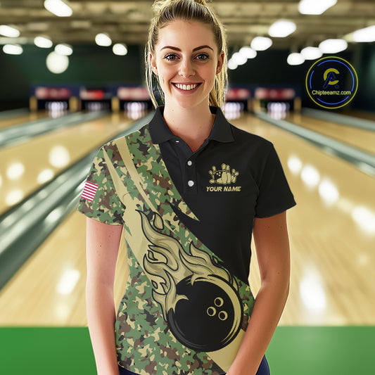 Women bowling polo, quarter zip shirts Custom green camo bowling team jerseys, gift for team Bowlers NQS10053