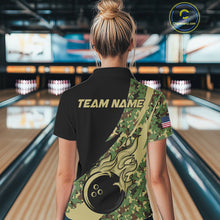 Load image into Gallery viewer, Women bowling polo, quarter zip shirts Custom green camo bowling team jerseys, gift for team Bowlers NQS10053