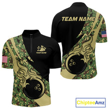 Load image into Gallery viewer, Mens bowling polo, quarter zip shirts Custom green camo bowling team jerseys, gift for team Bowlers NQS10053