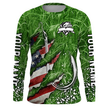 Load image into Gallery viewer, American flag fish hook green camo fishing custom sun protection performance long sleeve fishing shirt NQS6054