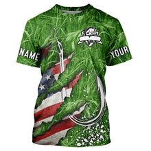 Load image into Gallery viewer, American flag fish hook green camo fishing custom sun protection performance long sleeve fishing shirt NQS6054