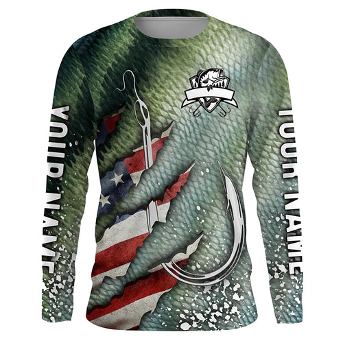 American flag fish hook green bass scales custom sun protection performance long sleeve fishing shirts NQS6056