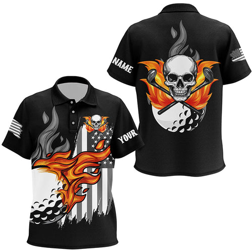 Black and white American flag flame skull Kid golf polo shirt custom patriotic golf outfits for Kid NQS8395