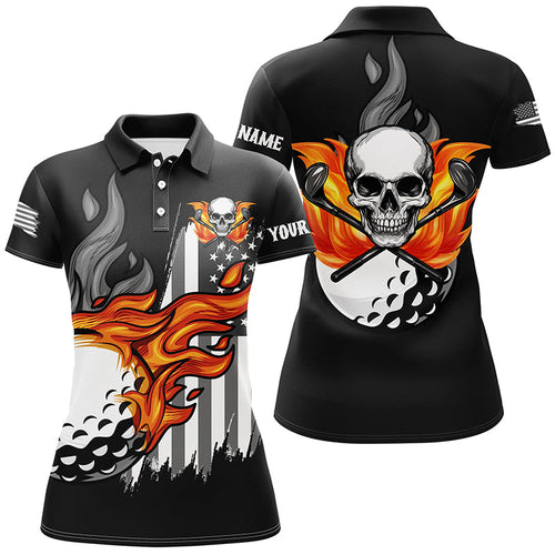 Black and white American flag flame skull Women golf polo shirts custom patriotic golf outfits ladies NQS8395