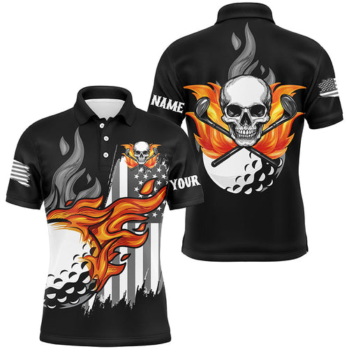 Black and white American flag flame skull Men golf polo shirts custom patriotic men's golf clothing NQS8395