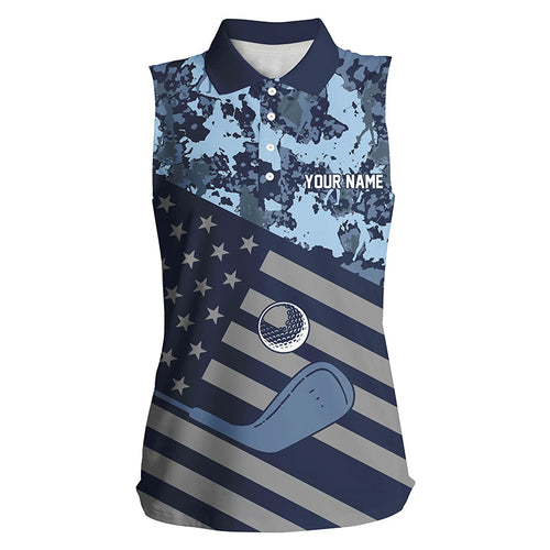 Blue Camo American flag Sleeveless polo shirt custom patriotic women's golf clothing, cool golf gifts NQS8396