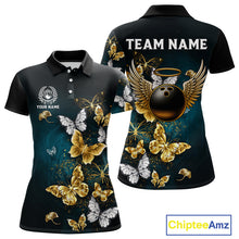 Load image into Gallery viewer, Custom Gold Butterflies Bowling Shirts For Women, Personalized Team Bowling Polo &amp; Quarter-Zip Shirts NQS10577