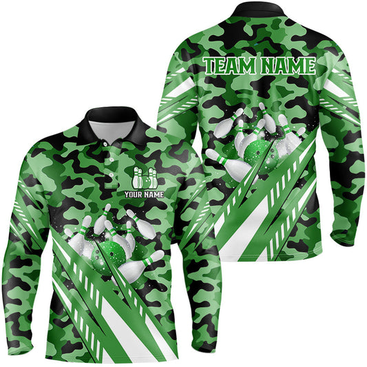 Custom Green Camo Bowling Shirts For Men, Personalized Bowling Team Jerseys NQS8609