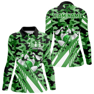 Custom Green Camo Bowling Shirts For Women, Personalized Bowling Team Jerseys NQS8609