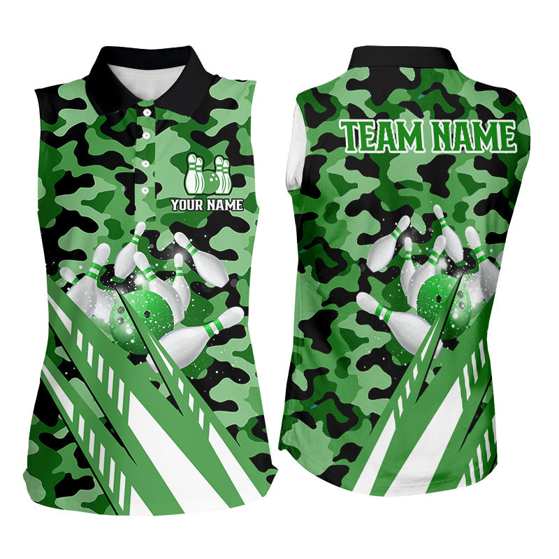 Custom Green Camo Bowling sleeveless polo Shirts For Women, Personalized Bowling Team Jerseys NQS8609