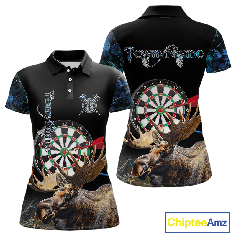 Personalized Black and Blue Camo Moose Darts Shirts For Women Custom Darts Team Jerseys NQS10975
