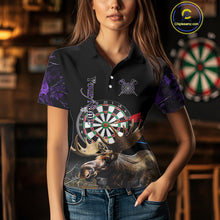 Load image into Gallery viewer, Personalized Black and Purple Camo Moose Darts Shirts For Women Custom Darts Team Jerseys NQS10976